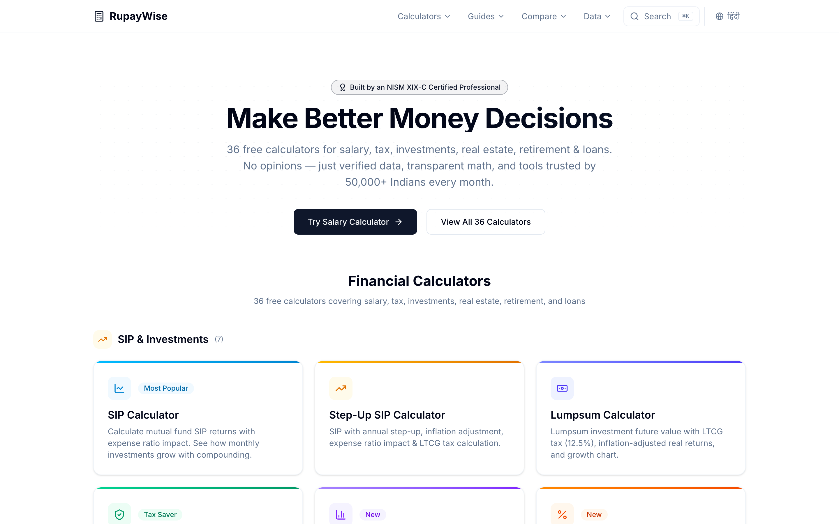RupayWise homepage — 36 free financial calculators with no ads, no sign-up walls, and no affiliate bias in the math