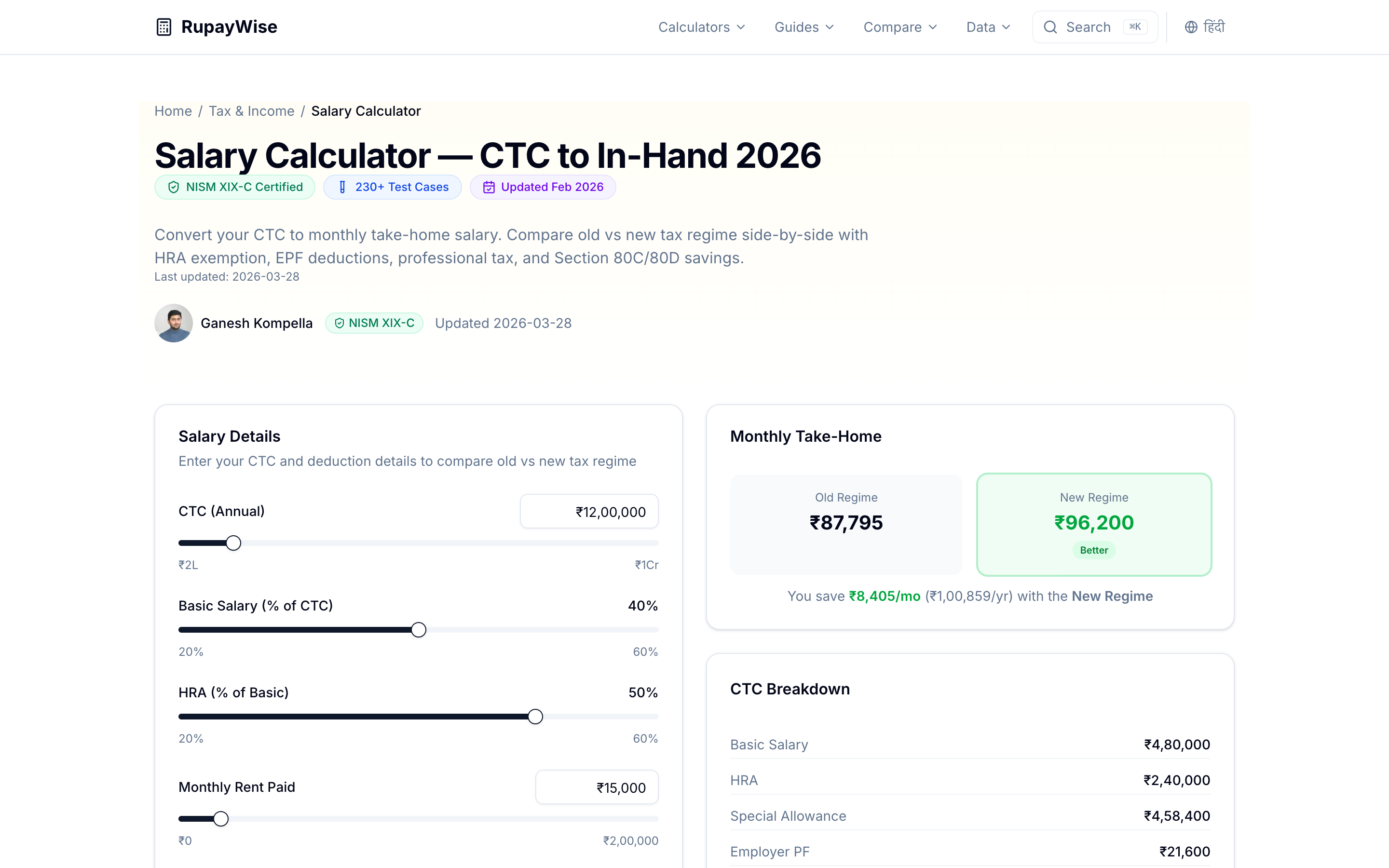 RupayWise salary calculator — CTC to in-hand breakdown with old vs new tax regime comparison, showing the full deduction chain